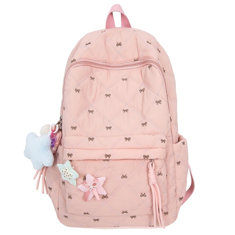 红色菱格双肩包 星星蝴蝶装饰 休闲百搭款详情图3