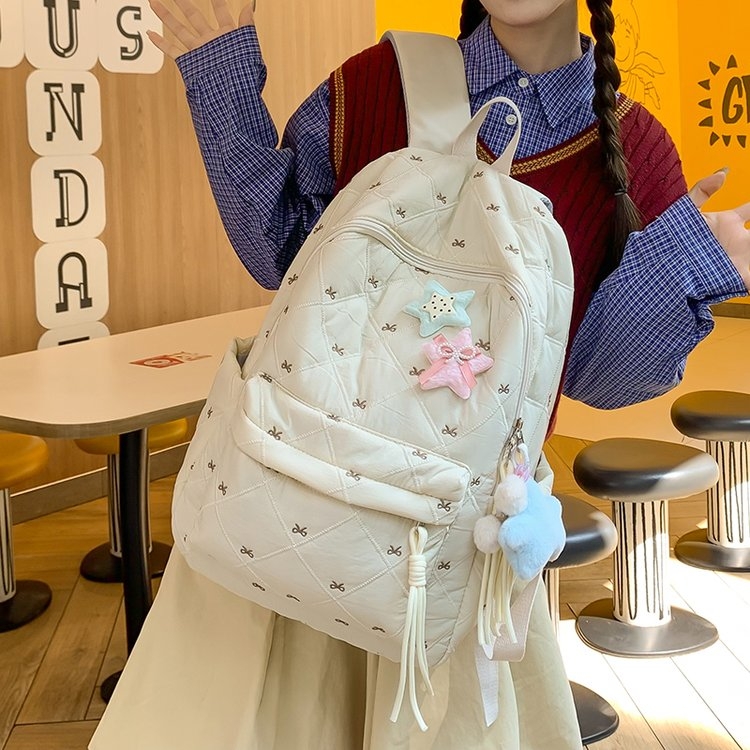 红色菱格双肩包 星星蝴蝶装饰 休闲百搭款详情图7